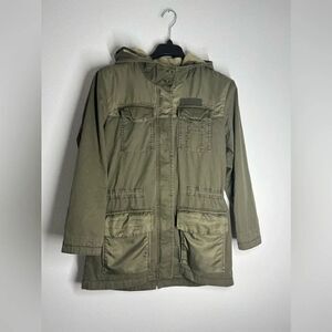EDC Womens Jacket Size XS Utility Military Hood Zip Button Lined Faux Fur